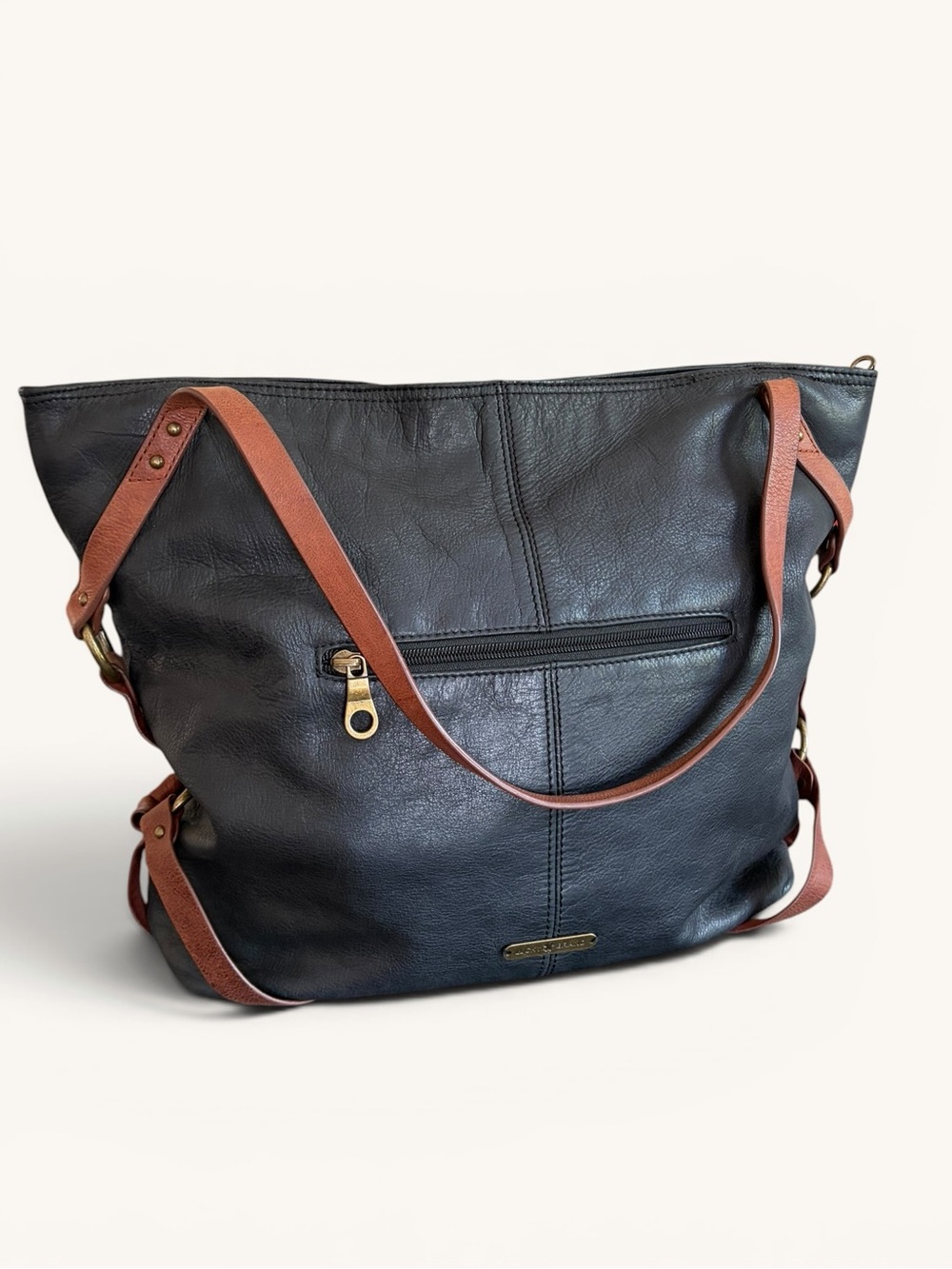 Lucky Brand Black Leather Tote with Brown Straps - Picture 5 of 16